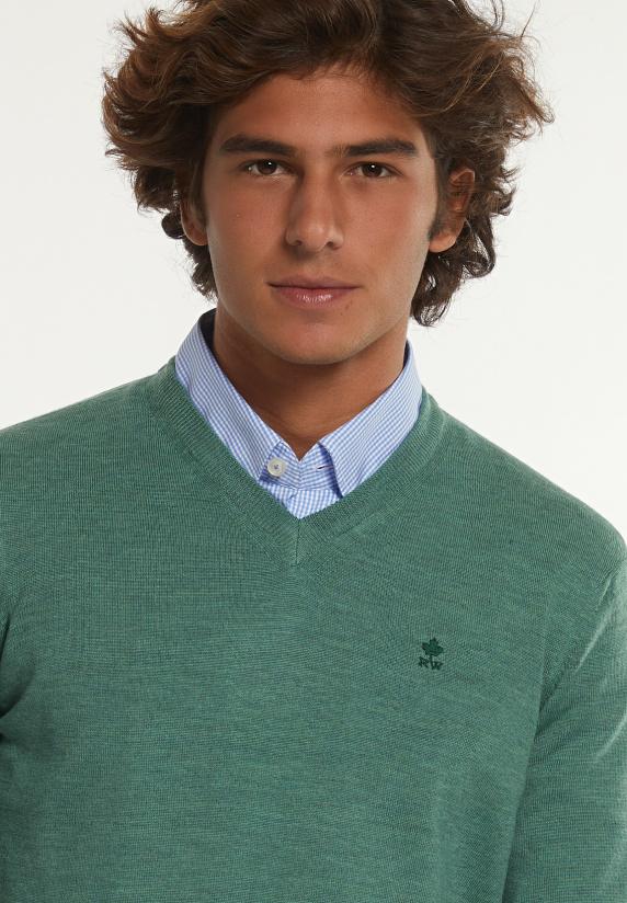 River Woods Custom Fit Basic V-hals Merinotrui Lt Opal Green Mix