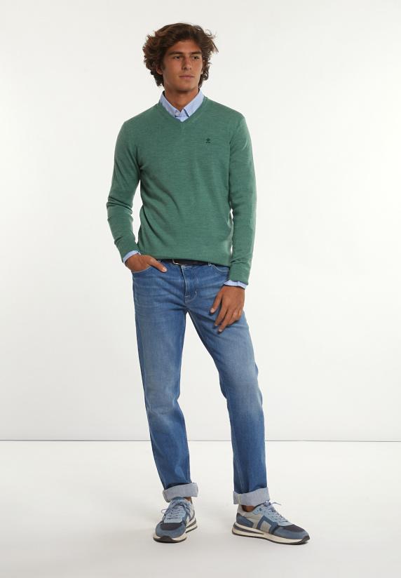 River Woods Custom Fit Basic V-hals Merinotrui Lt Opal Green Mix