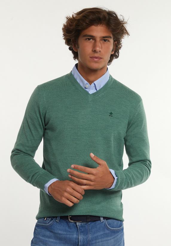 river woods Custom fit basic V-hals merinotrui lt opal green mix