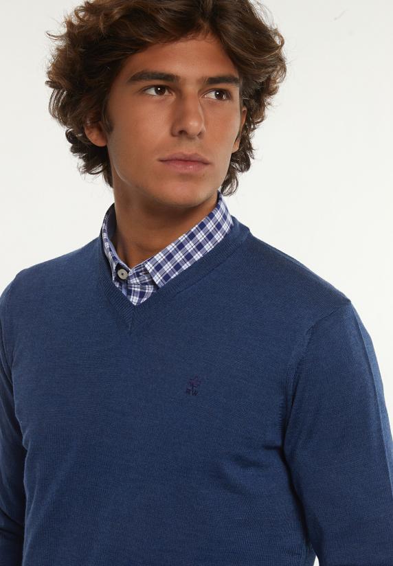 River Woods Custom Fit Basic V-hals Merinotrui Mykonos Blue Mix