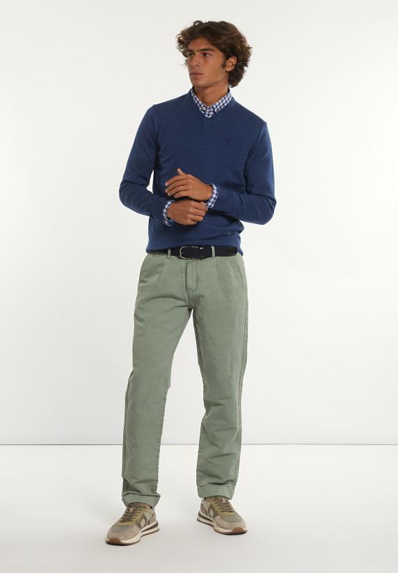 River Woods Custom Fit Basic V-hals Merinotrui Mykonos Blue Mix