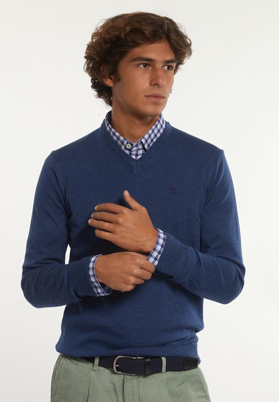 river woods Custom fit basic V-hals merinotrui mykonos blue mix