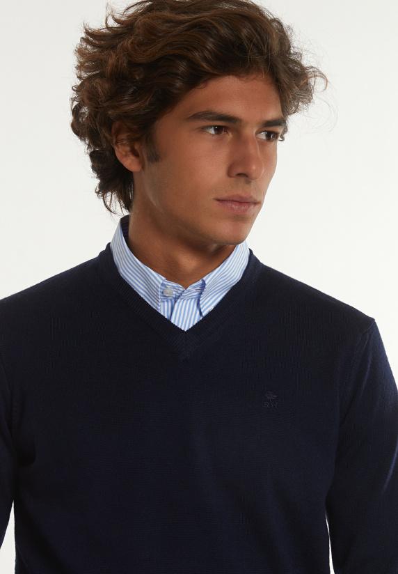 River Woods Custom Fit Basic V-hals Merinotrui Navy
