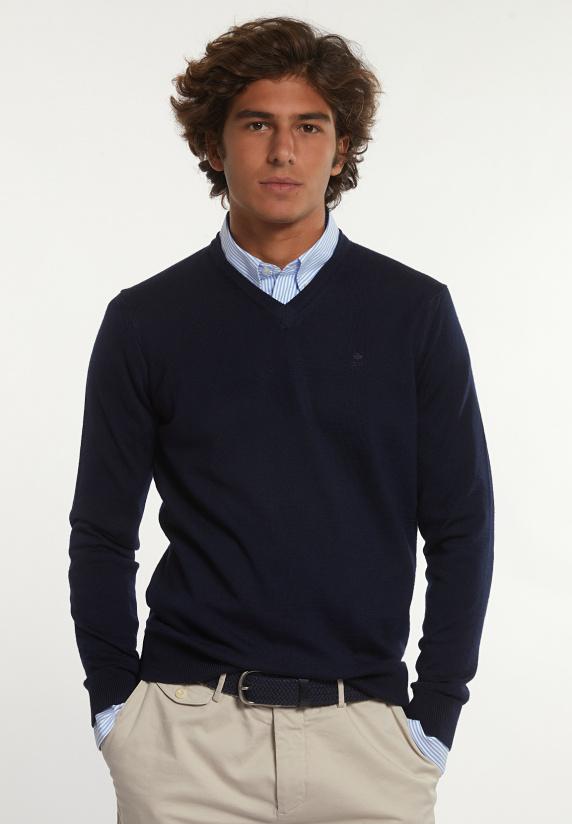 river woods Custom fit basic V-hals merinotrui navy
