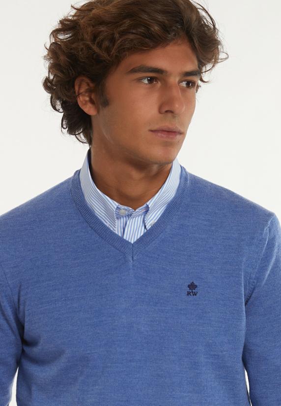 River Woods Custom Fit Basic V-hals Merinotrui Persian Blue Mix
