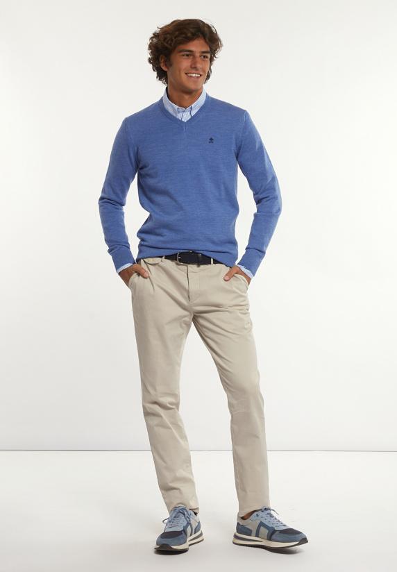 River Woods Custom Fit Basic V-hals Merinotrui Persian Blue Mix