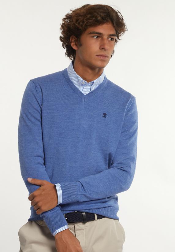 river woods Custom fit basic V-hals merinotrui persian blue mix