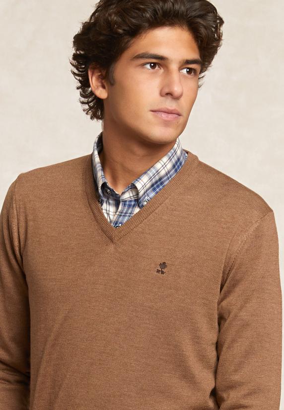 River Woods Custom Fit Basic V-hals Merinotrui Turron Mix