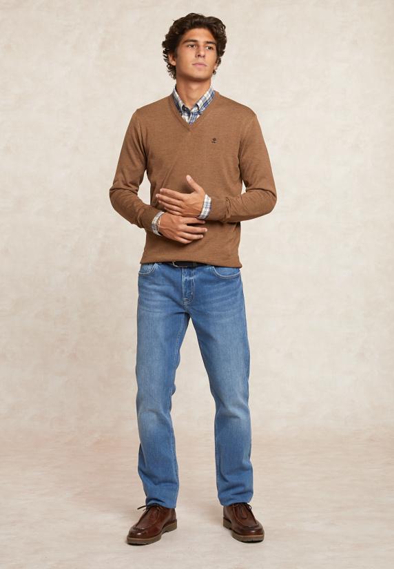 River Woods Custom Fit Basic V-hals Merinotrui Turron Mix