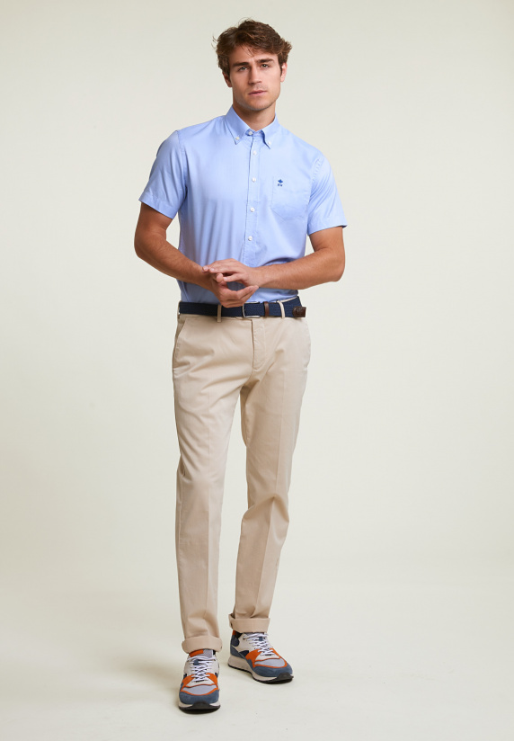 River Woods Custom Fit Effen Hemd Korte Mouwen Blauw