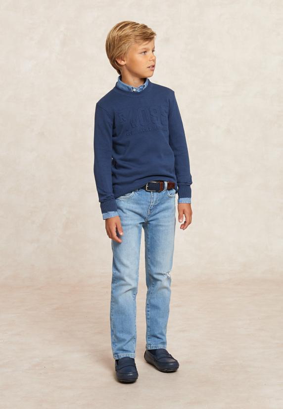 River Woods Custom Fit Fancy Katoenen Trui Ronde Hals Night Blue Mix