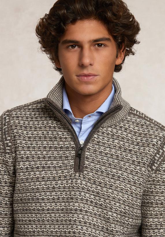 River Woods Custom Fit Fancy Wol-kasjmier Trui Opstaande Kraag Straw Mix