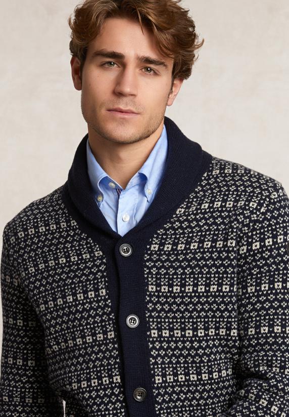 River Woods Custom Fit Fancy Zuivere Scheerwol Cardigan Navy