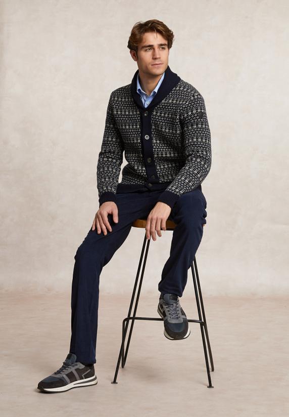 River Woods Custom Fit Fancy Zuivere Scheerwol Cardigan Navy
