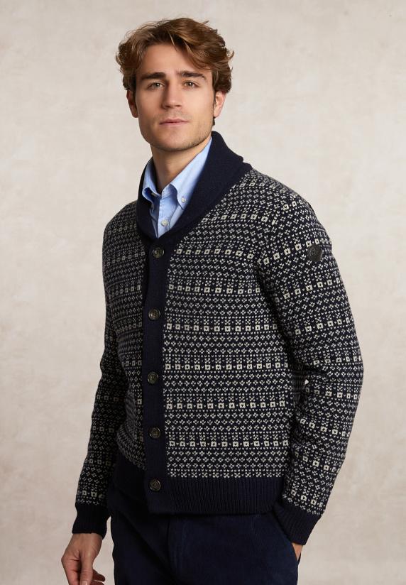 river woods Custom fit fancy zuivere scheerwol cardigan navy