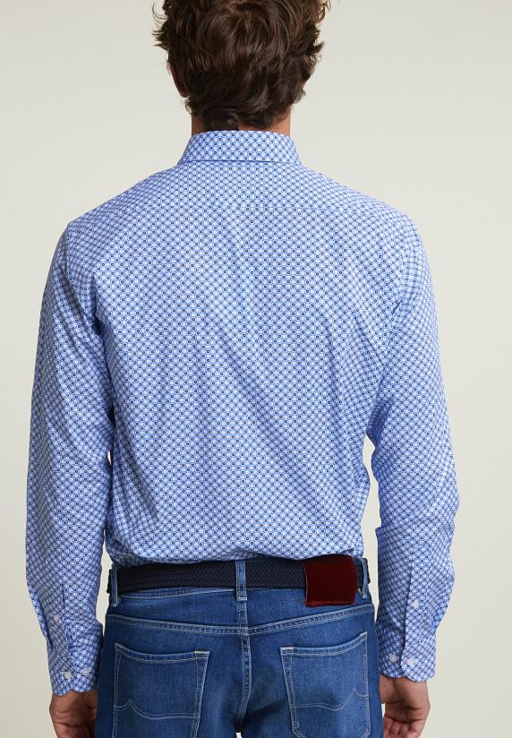 River Woods Custom Fit Fantasiehemd Comfort Stretch Blauw/wit