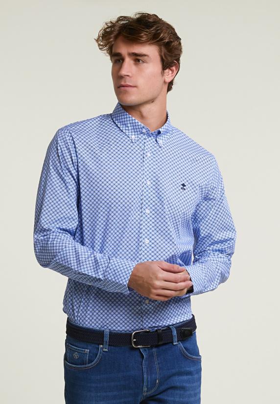 river woods Custom fit fantasiehemd comfort stretch blauw/wit