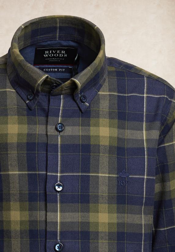River Woods Custom Fit Flanellen Geruit Hemd Kaki/blauw