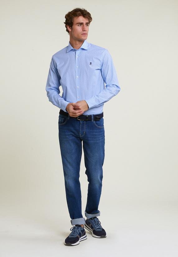 River Woods Custom Fit Gebloemde Comfort Stretch Hemd Blauw/wit