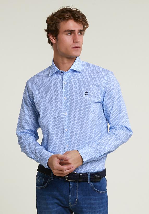 River Woods Custom Fit Gebloemde Comfort Stretch Hemd Blauw/wit