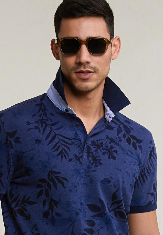 River Woods Custom Fit Gebloemde Stretch Polo Blauw