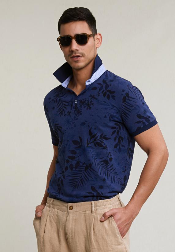 river woods Custom fit gebloemde stretch polo blauw