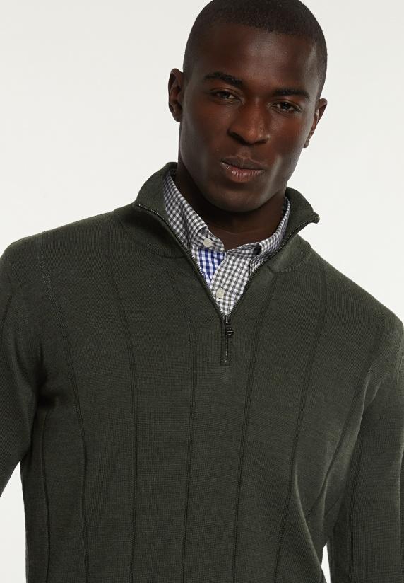 River Woods Custom Fit Geribde Merinotrui Opstaande Kraag Forest Mix