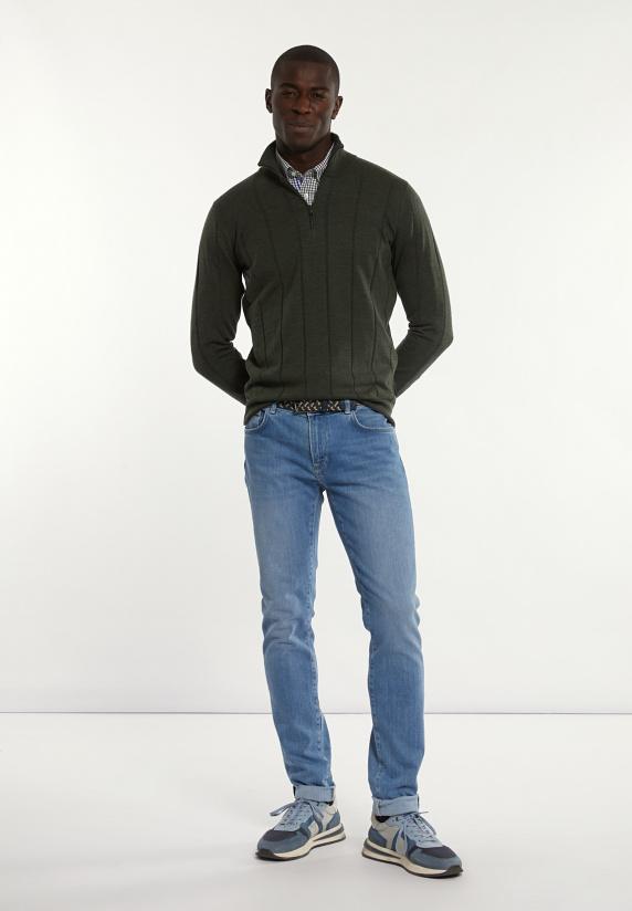 River Woods Custom Fit Geribde Merinotrui Opstaande Kraag Forest Mix