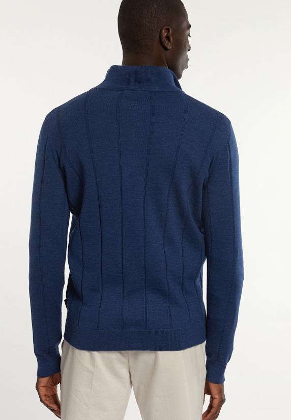 River Woods Custom Fit Geribde Merinotrui Opstaande Kraag Mykonos Blue Mix