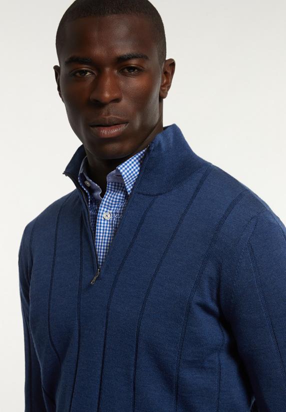 River Woods Custom Fit Geribde Merinotrui Opstaande Kraag Mykonos Blue Mix