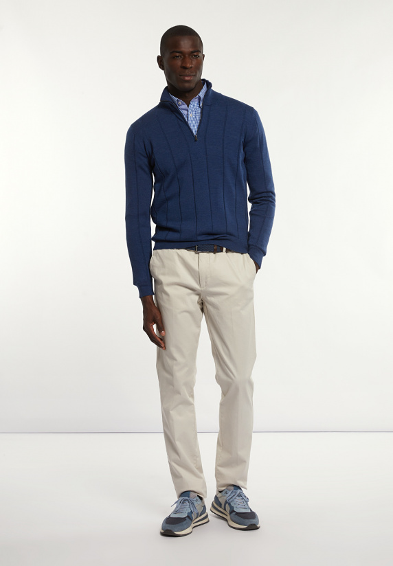 River Woods Custom Fit Geribde Merinotrui Opstaande Kraag Mykonos Blue Mix