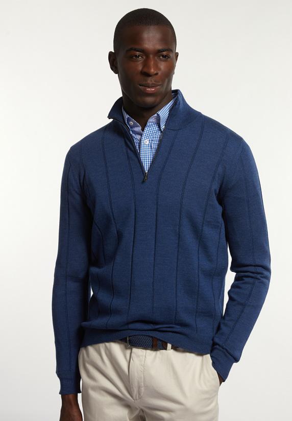 river woods Custom fit geribde merinotrui opstaande kraag mykonos blue mix