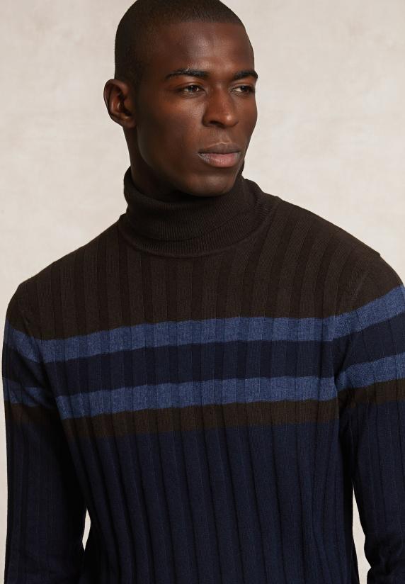 River Woods Custom Fit Geribde Wol-kasjmier Rolkraagtrui Navy/ganache