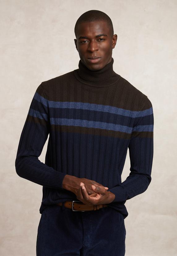 river woods Custom fit geribde wol-kasjmier rolkraagtrui navy/ganache
