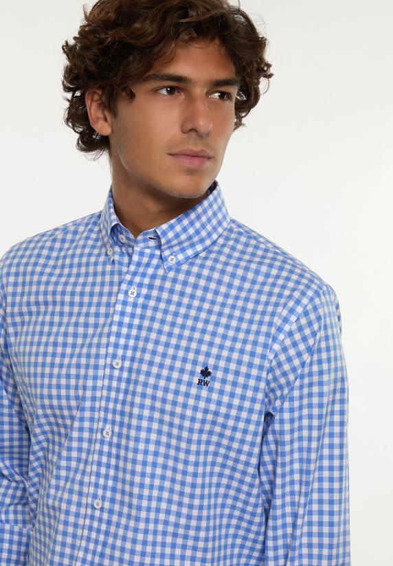 River Woods Custom Fit Geruit Comfort Stretch Hemd Blauw/wit