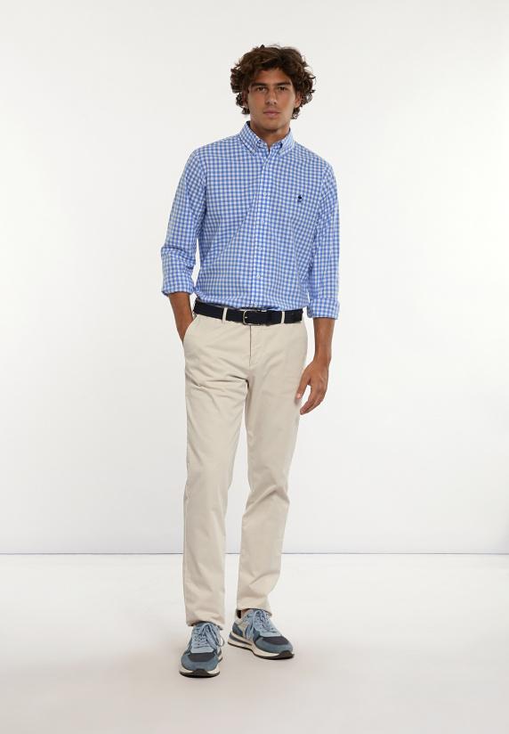 River Woods Custom Fit Geruit Comfort Stretch Hemd Blauw/wit