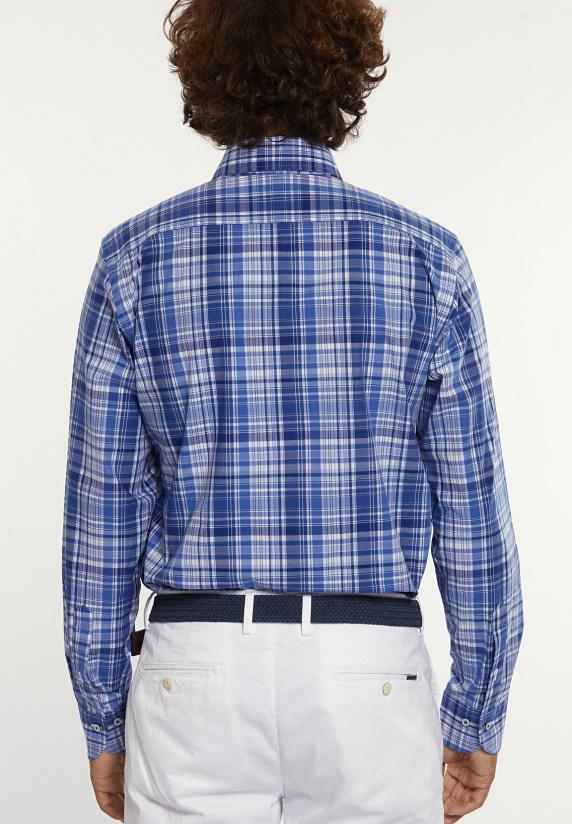 River Woods Custom Fit Geruit Comfort Stretch Hemd Blauw/wit