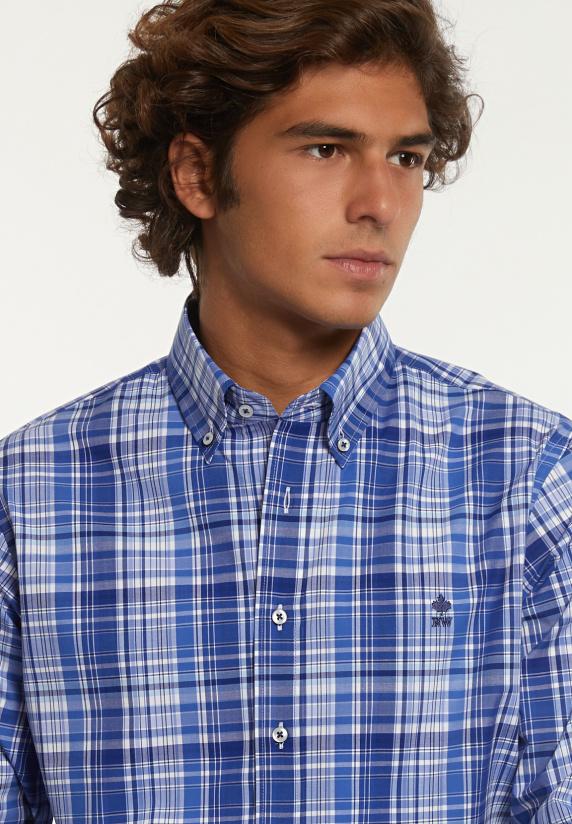 River Woods Custom Fit Geruit Comfort Stretch Hemd Blauw/wit