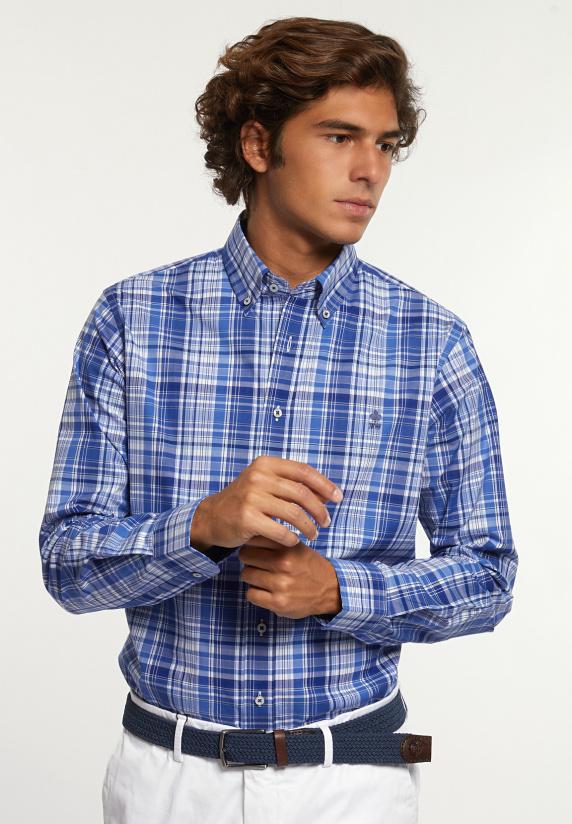 river woods Custom fit geruit comfort stretch hemd blauw/wit