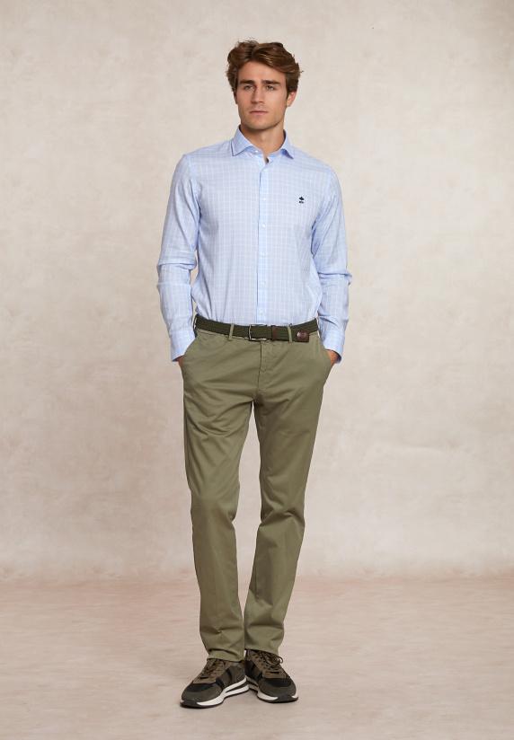 River Woods Custom Fit Geruit Comfort Stretch Hemd Blauw/wit