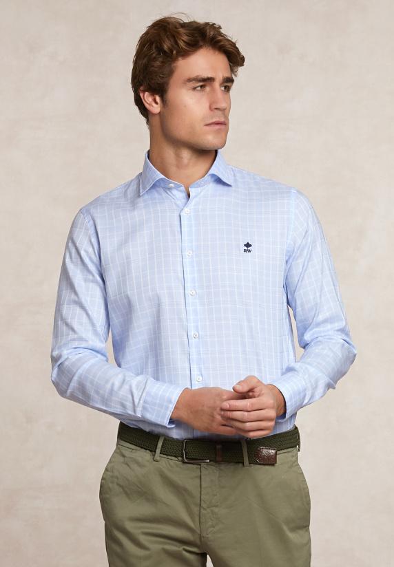 river woods Custom fit geruit comfort stretch hemd blauw/wit