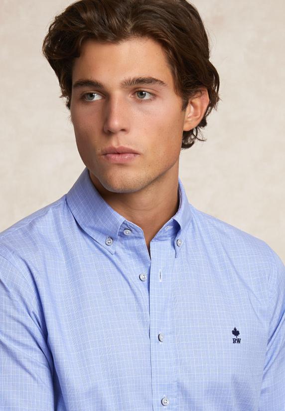 River Woods Custom Fit Geruit Comfort Stretch Hemd Blauw/wit