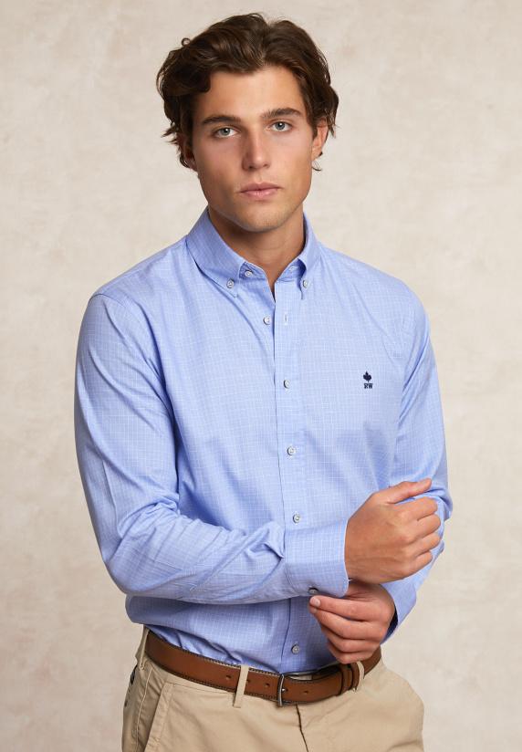 river woods Custom fit geruit comfort stretch hemd blauw/wit