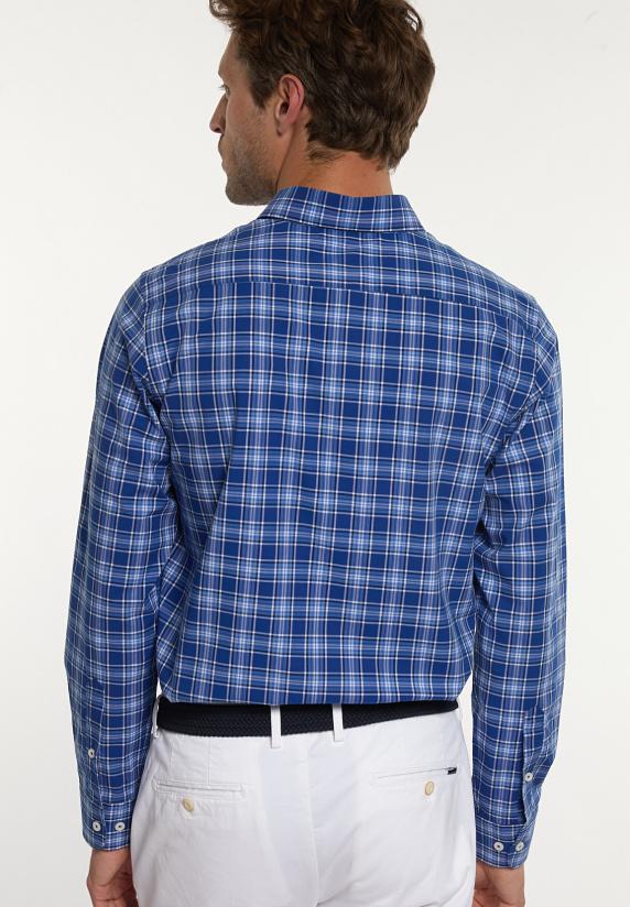 River Woods Custom Fit Geruit Comfort Stretch Hemd Blauw/wit