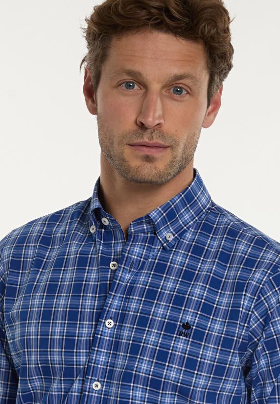 River Woods Custom Fit Geruit Comfort Stretch Hemd Blauw/wit