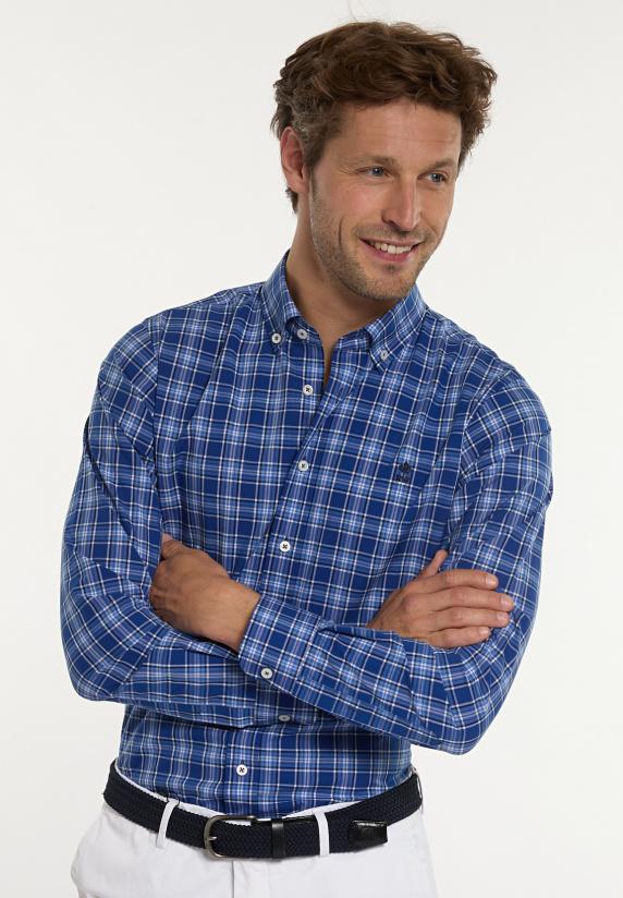 river woods Custom fit geruit comfort stretch hemd blauw/wit