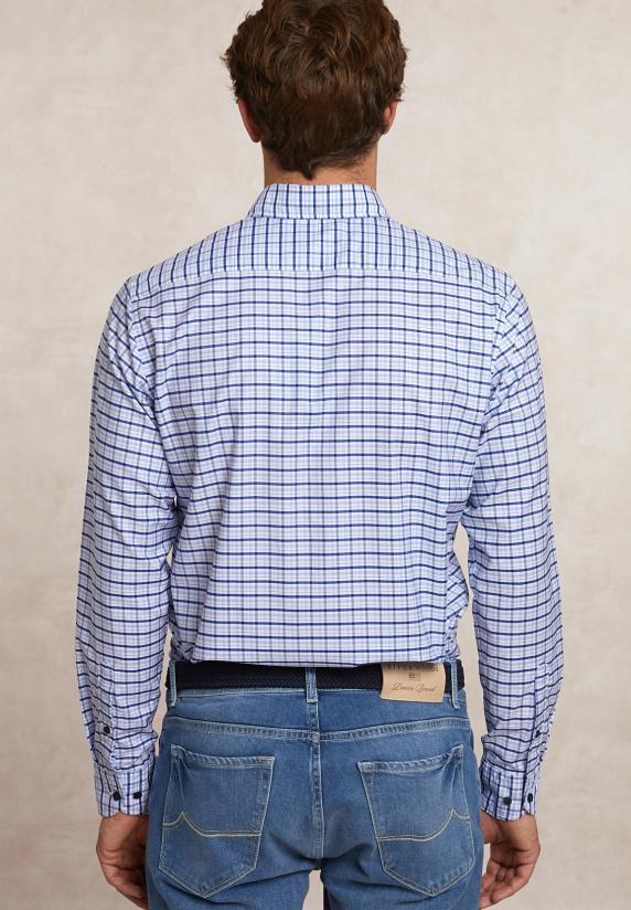 River Woods Custom Fit Geruit Comfort Stretch Hemd Blauw/wit