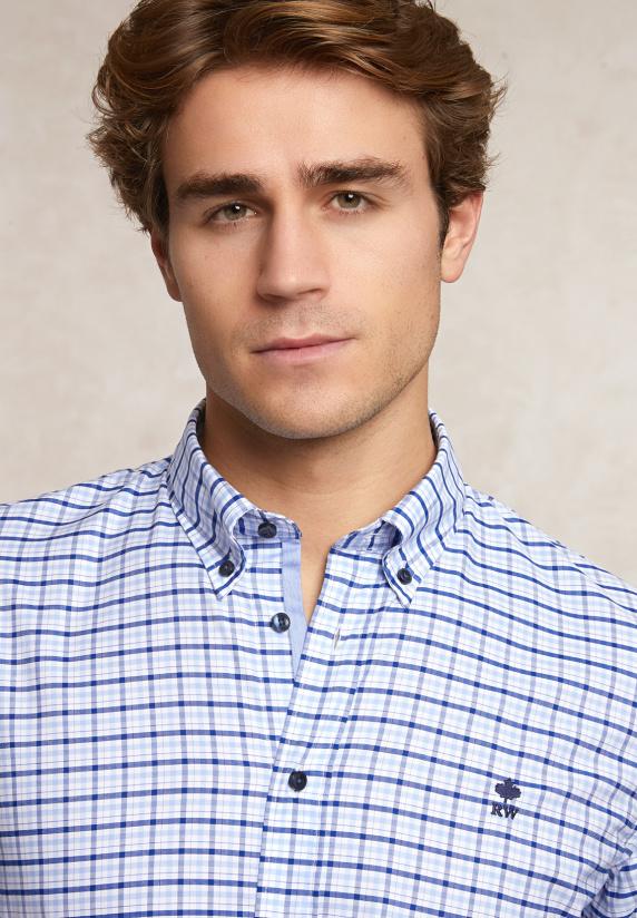 River Woods Custom Fit Geruit Comfort Stretch Hemd Blauw/wit