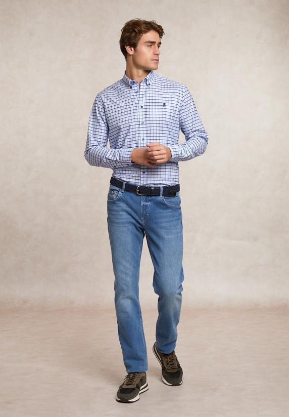 River Woods Custom Fit Geruit Comfort Stretch Hemd Blauw/wit