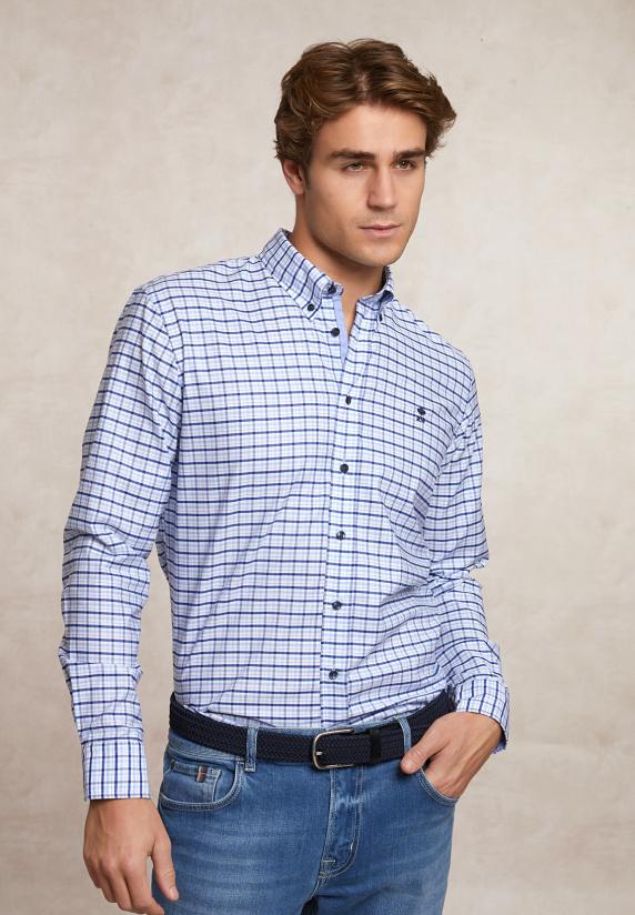 river woods Custom fit geruit comfort stretch hemd blauw/wit